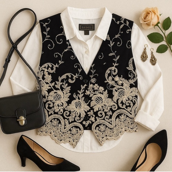 Vintage Tops - Rare Vintage EXPRESS Baroque Embroidered
Vest | Scalloped Hem | Small Medium